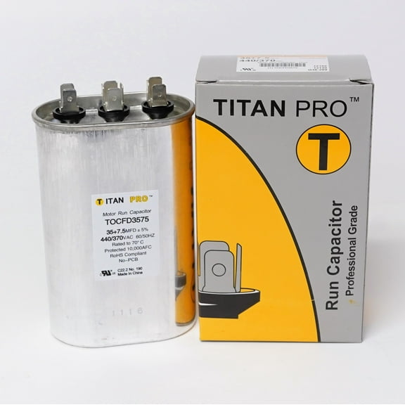 TitanPro TOCFD35/7.5 HVAC Oval Motor Run Dual Capacitor. 35/7.5 MFD/UF 440/370 Volts