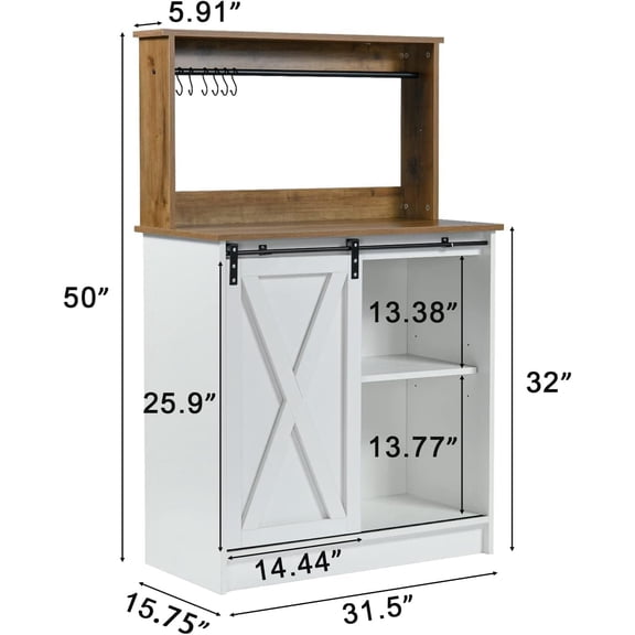 Farmhouse Coffee Bar with Hutch, White Storage Sliding Barn Door Buffet Cabinet for Living Room