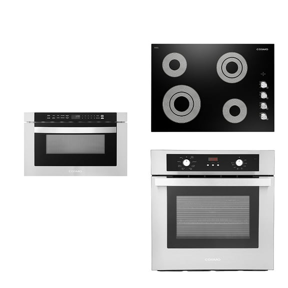Cosmo 3 Piece Kitchen Appliance Package With 30" Electric Cooktop 24" Built-In Microwave Drawer 24" Single Electric Wall Oven Kitchen Appliance Bundles