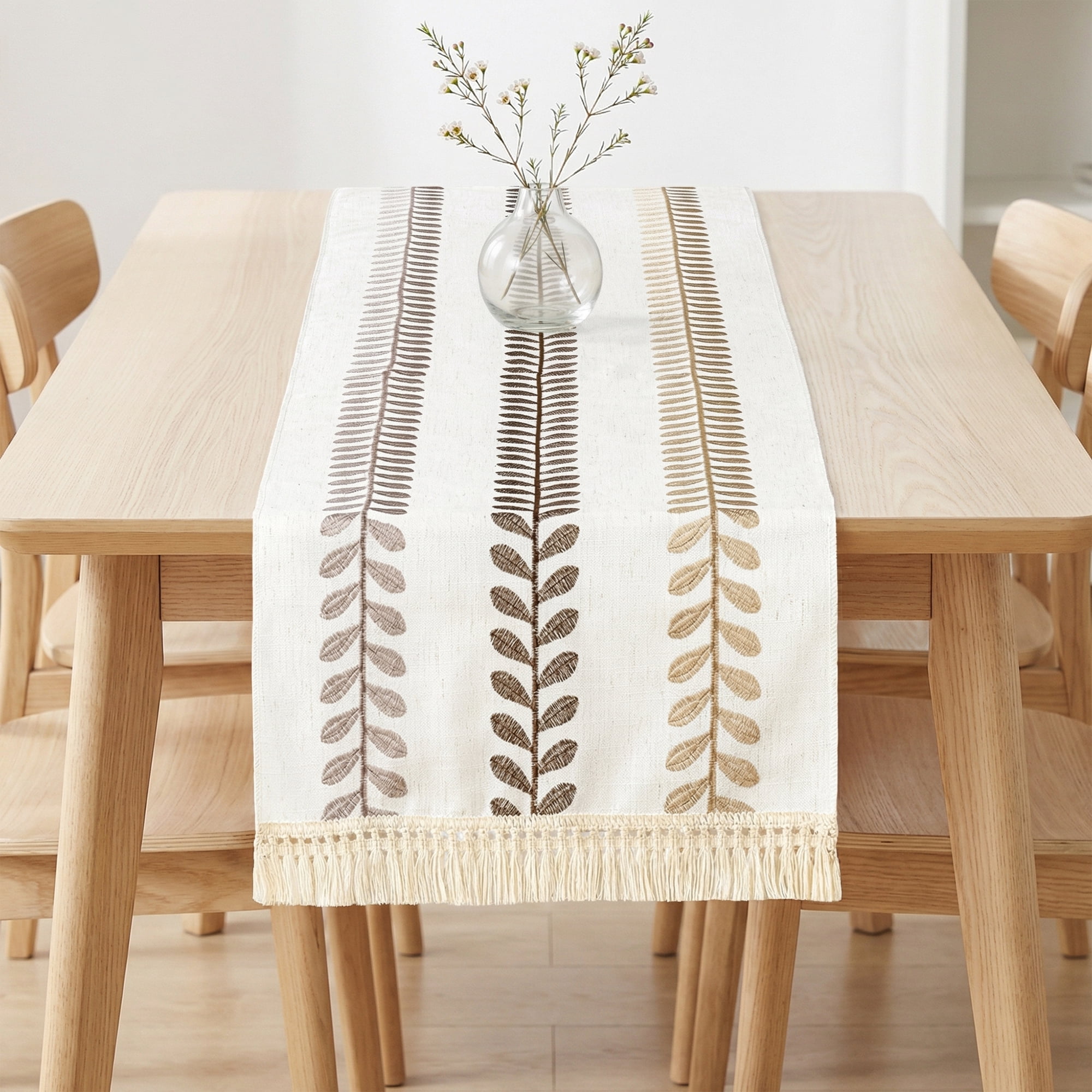 Unique Bargains Polyester Floral with Tassel Table Runner for Kitchen Decor Brown 15.4"x70.9"