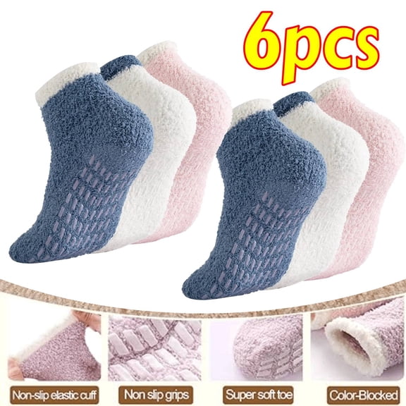 6 Pairs Women's Non-Slip Grip Socks with Traction Bottoms - Cozy Slipper Socks for Yoga & Indoor Wear