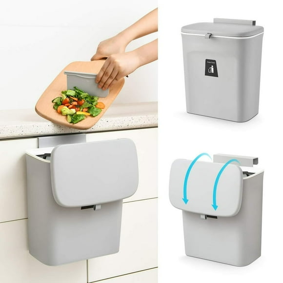Dsseng 9L/2.4 Gallon Hanging Trash Can for Kitchen Cabinet Door with Lid Small Under Sink Garbage Can Trash Bin for Bathroom Wall Mounted Counter Waste Compost Bin Plastic (Gray)