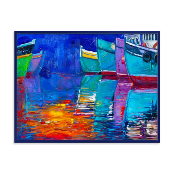 Designart 'Boats During Warm Sunset Resting On The Water I' Nautical & Coastal Framed Canvas Wall Art Print