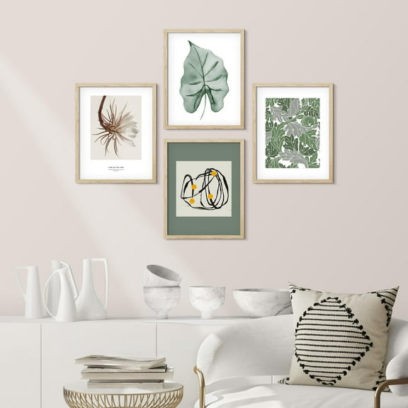PixonSign Framed Wall Art Green Jungle Leaf Plant Posters, Set of 4 Elegant Botanical Floral & Abstract Shape Illustrations Wall Decor, Adhesive Canvas Prints for Home Decor - 8"x10" Natural
