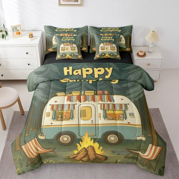 Erosebridal Rustic Camp Bedding Twin Size, Happy Camping Bedding Sets Twin Size, RV Truck Decor, Reversible 7 Pieces