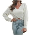 thumbnail image 2 of AOOCHASLIY Clothes Sweaters Women Cropped Casual V-Neck Loose Solid Long Sleeve Navel Tops Blouse, 2 of 5