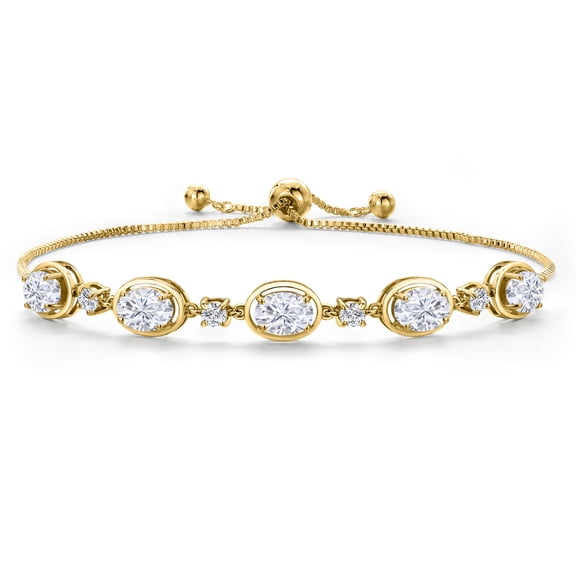 Gem Stone King 18K Yellow Gold Plated Silver White Zirconia Bracelet for Women | 7.50 Cttw | Gemstone Birthstone | Oval 7X5MM | Fully Adjustable 9 inch