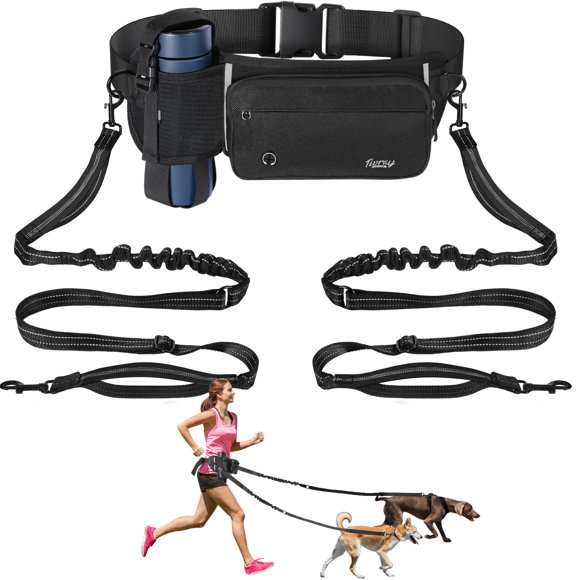 Tivray Hands Free Dog Leash 2 Dogs, Adjustable Waist Leash for Dog Walking with Dual Bungees Padded Handle, Shock Absorbing Hands Free Belt for