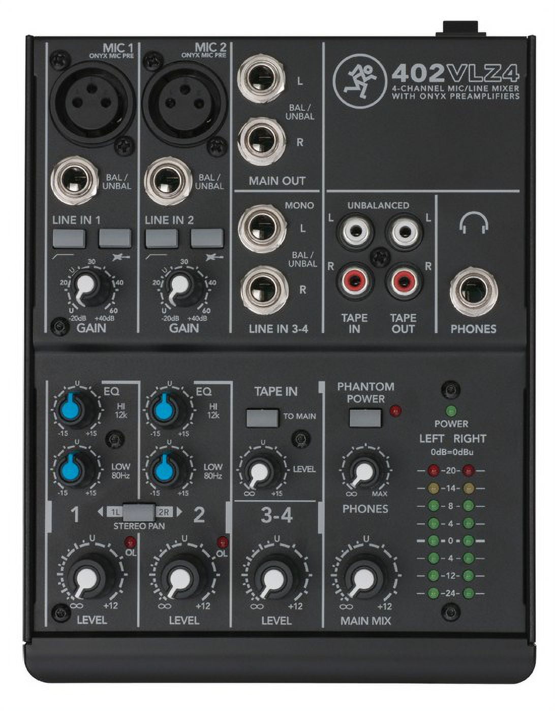 Mackie 402VLZ4 4-channel Compact Analog Low-Noise Mixer w/ 2 ONYX Preamps+Stand