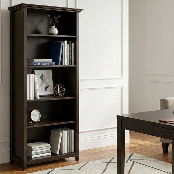 Simpli Home Amherst 30 inch Wide Solid Wood Transitional 5 Shelf Bookcase in Hickory Brown