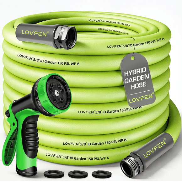 LOVFEN Boyau d'Arrosage Robuste 5/8 Po avec Raccord Pivotant, Boyau d'Eau Super Flexible, Toutes Saisons, Léger, Éclatement 600 PSI 25/50/75/100/150 Pi