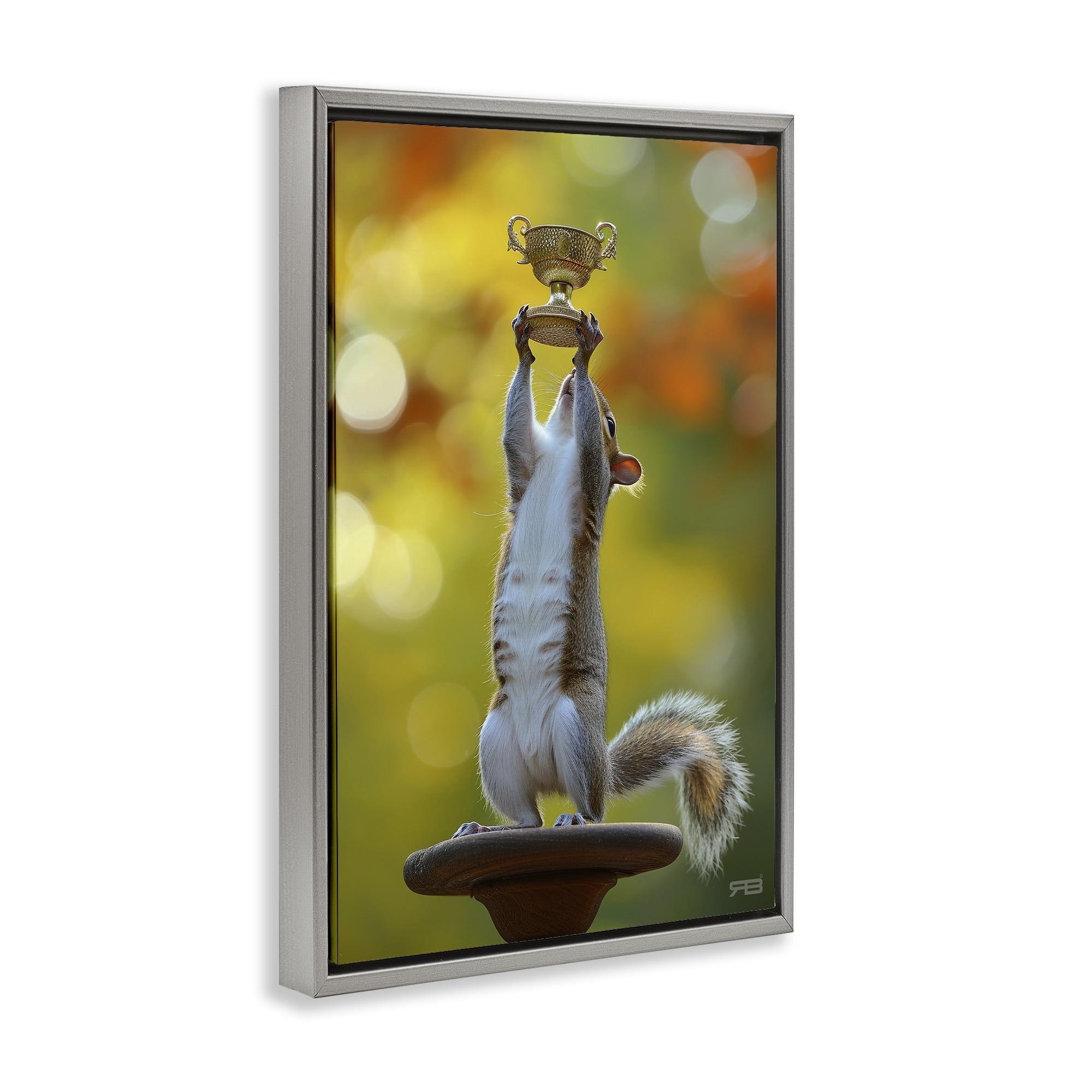 Stupell Industries Squirrel Holding Trophy Novelty Painting Gray Floater Framed Art Print Wall Art, 17 x 25