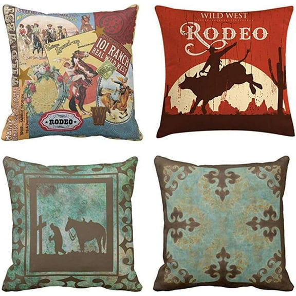 Set of 4 Throw Pillow Covers Vintage Western Cowboy Wild Modern West Riding Bull Wooden Decorative Pillow Cases Home Decor Square 18x18 Inches Pillowcases