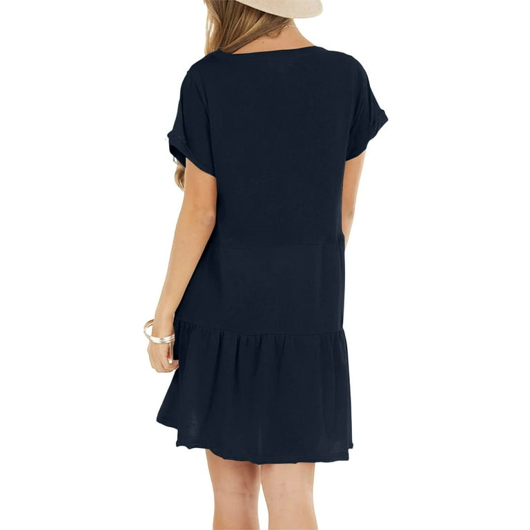 Mohiass Tshirt Dress Women Summer Short Sleeve Casual Dresses Drop Waist  Ruffle Hem Babydoll Dress Cute Crewneck Mini Dresses Navy XL - Walmart.com