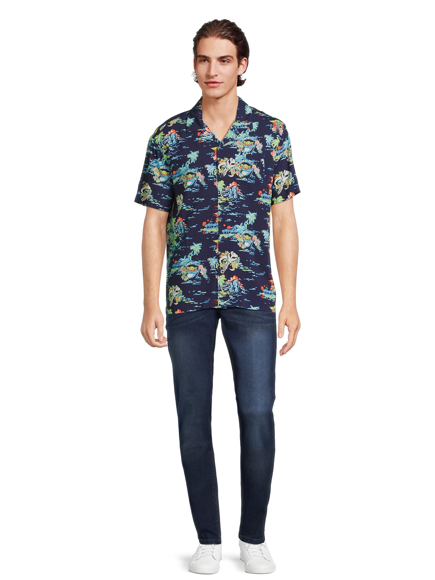Star Wars Men’s and Big Men’s Tropic Baby Yoda Button Front Shirt with Short Sleeves, Sizes S-3XL