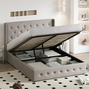 Einfach Queen Size Lift up Platform Storage Bed Frame with Fabric Upholstered Wingback Button Tufted Headboard, Beige