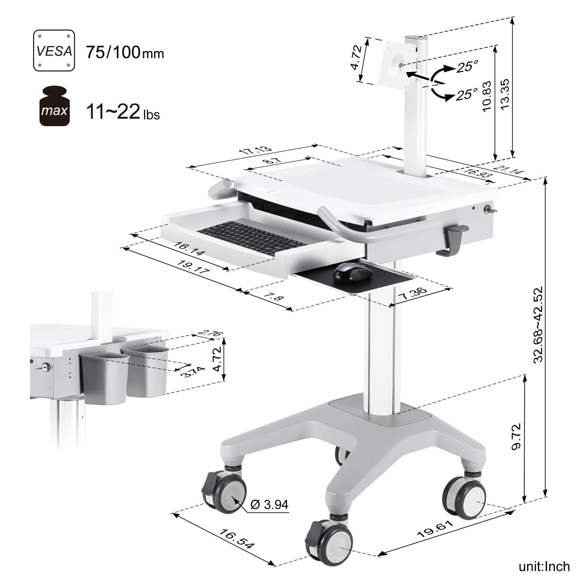 E2CL Mobile Table Cart - Height Adjustable - LTW Ergonomic Solutions