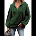 thumbnail image 3 of Sudadera con Capucha y Botones para Mujer, con Cuello en V, Larga y Cordón Ajustable. Camisetas Henley. Verde S, 3 of 9