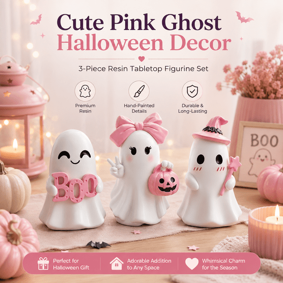 3 Piece Pink Ghost Resin Figurine Set, Cute Halloween Ghost Desktop Decorations with Soft Pink Finish, Mini Resin Ornaments for Tabletop, Shelf, Mantel, Party Display, Bedroom and Seasonal Home Decor