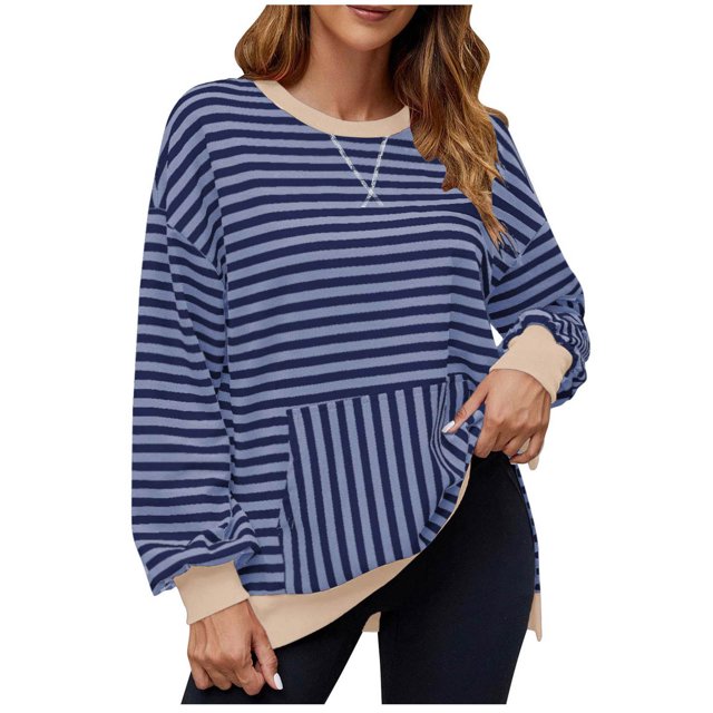 Yuyuzo Sweatshirt for Women Oversized Striped Crew Neck Long Sleeve Shirt Color Block Pullover Tops