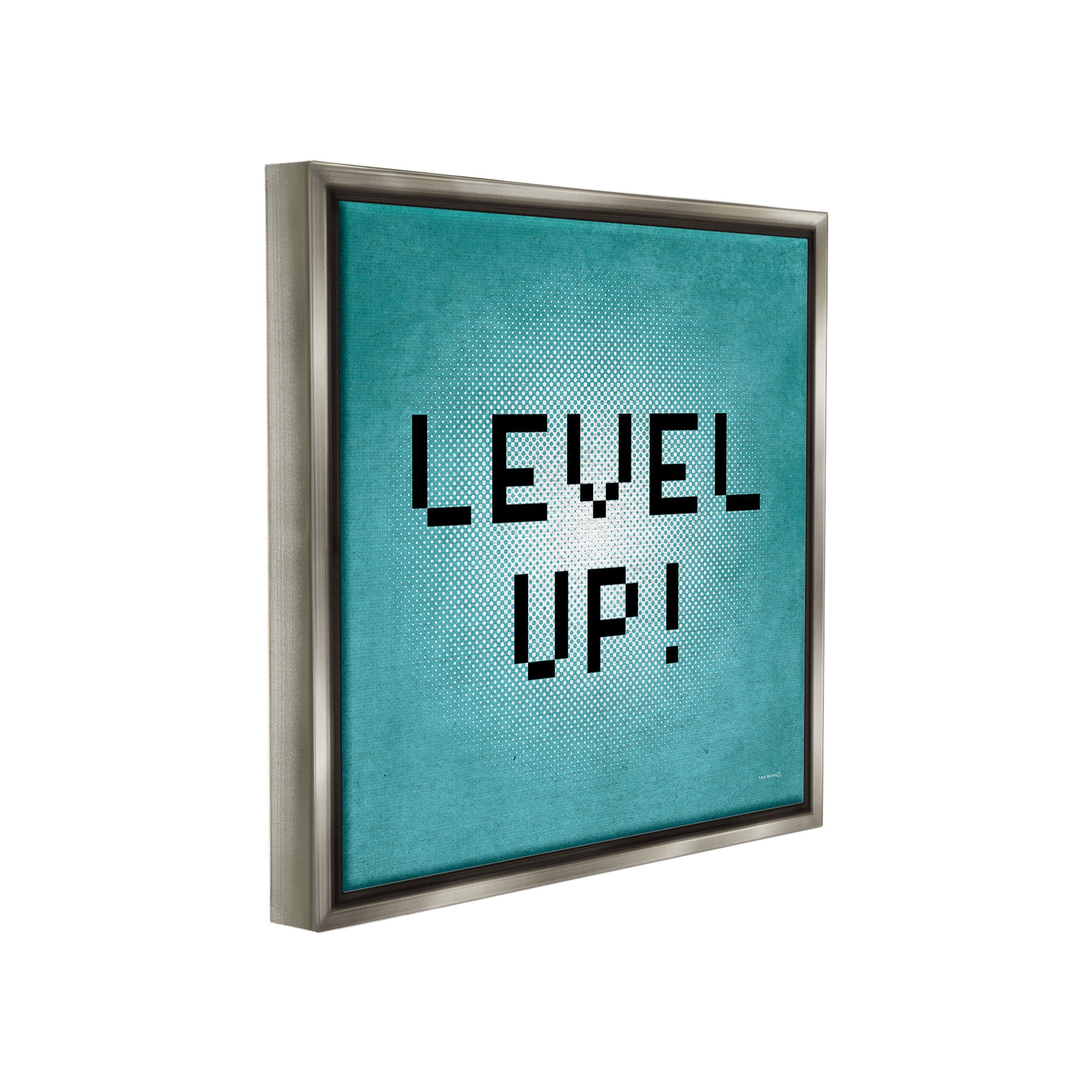 Stupell Industries Level Up Vintage Pixels Typography Painting Gray Floater Framed Canvas Art Print Wall Art, 18 x 18