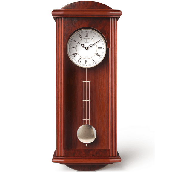 Pendulum Wall Clock, Silent Decorative Wood Clock with Swinging Pendulum, Battery Operated, Large Red Wooden Design, for Living Room, Kitchen, Office & Home Décor, 26.75 x 11.5 inches