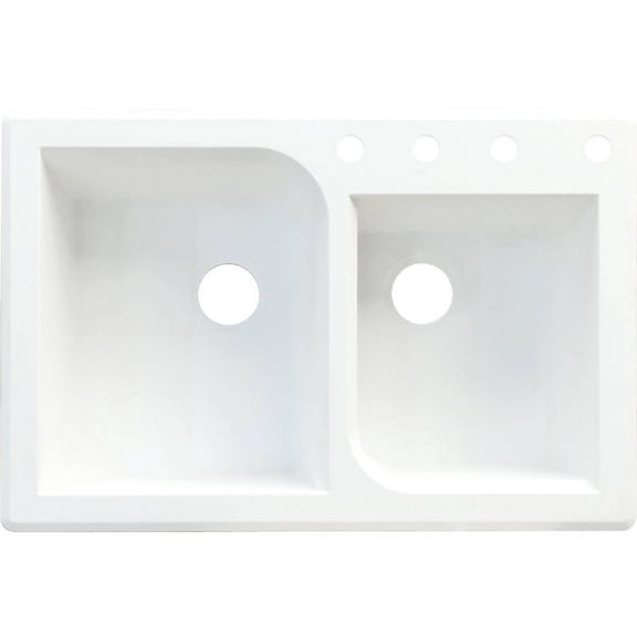 Transolid Radius 33in x 22in silQ Granite Drop-in Double Bowl Kitchen Sink with 4 ABCD Faucet Holes, In White