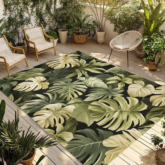 Summer Tropical Leaves Outdoor Rug 4x6 Ft - Reversible Patio Rug Outdoor Camping Rugs, Watercolor Botanical Plants Washable Indoor Outdoor Area Rugs, Non-Slip Outdoor Carpet Runner for Deck/Porch