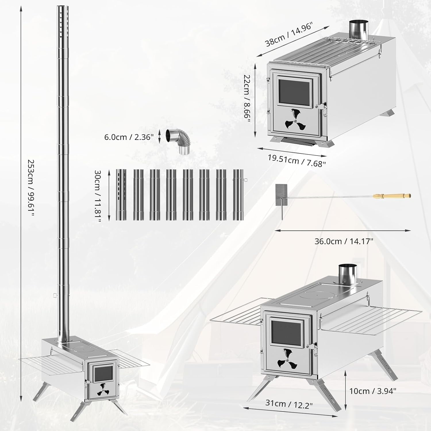 Mophoto Upgraded Wood Stove,Hot Tent Stove Camping Portable Stainless Steel Wood Burning Stove with 7 Chimney Pipes for Wall Tent Camping,Hunting,Heating,Cooking,Ice Fishing,Boiling Water