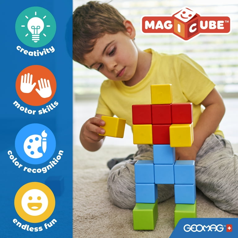 GEOMAG Magnetic Toys, Magnets for Kids, 32 Pieces, Magicube Shapes World  Set