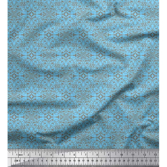 Soimoi Blue Rayon Fabric Filigree Damask Print Fabric by the Yard 42 Inch Wide