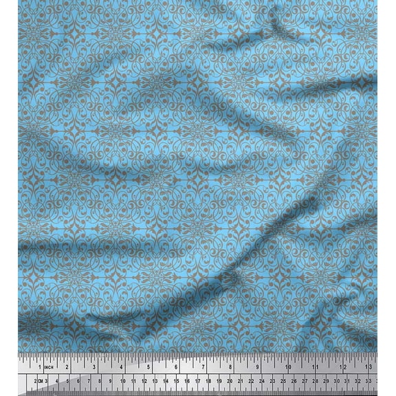 Soimoi Blue Poly Georgette Fabric Filigree Damask Printed Fabric 1 Yard 52 Inch Wide