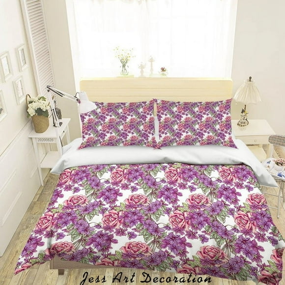 3D Purple Flores Patrón Funda de edredón Set Ropa de cama Set Funda de edredón Fundas de almohada