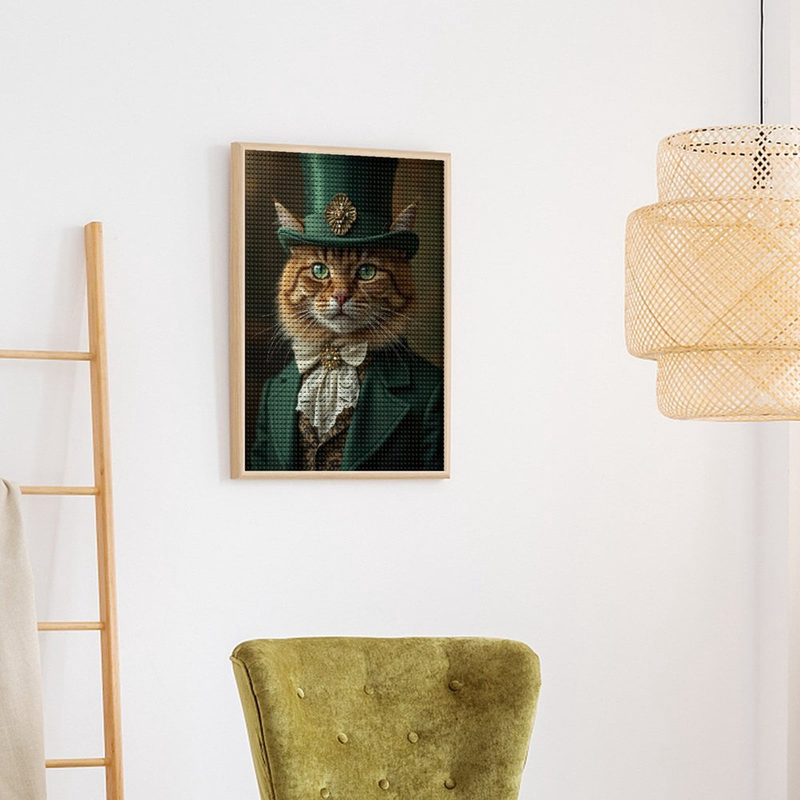 Diamond Art Kits for Adults, Cat In Green Hat And Suit 5D Diamond Painting Kits for Adults Beginners, DIY Full Drill Diamond Painting, Gem Art and Crafts 12x16