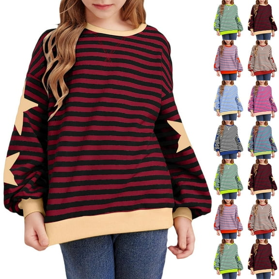 Drmagiyhm Girls T Shirts Size 10-12 Oversized Striped Shirt Fashion Casual Crewneck Tshirt Long Sleeve Tops Green 7-8 Years