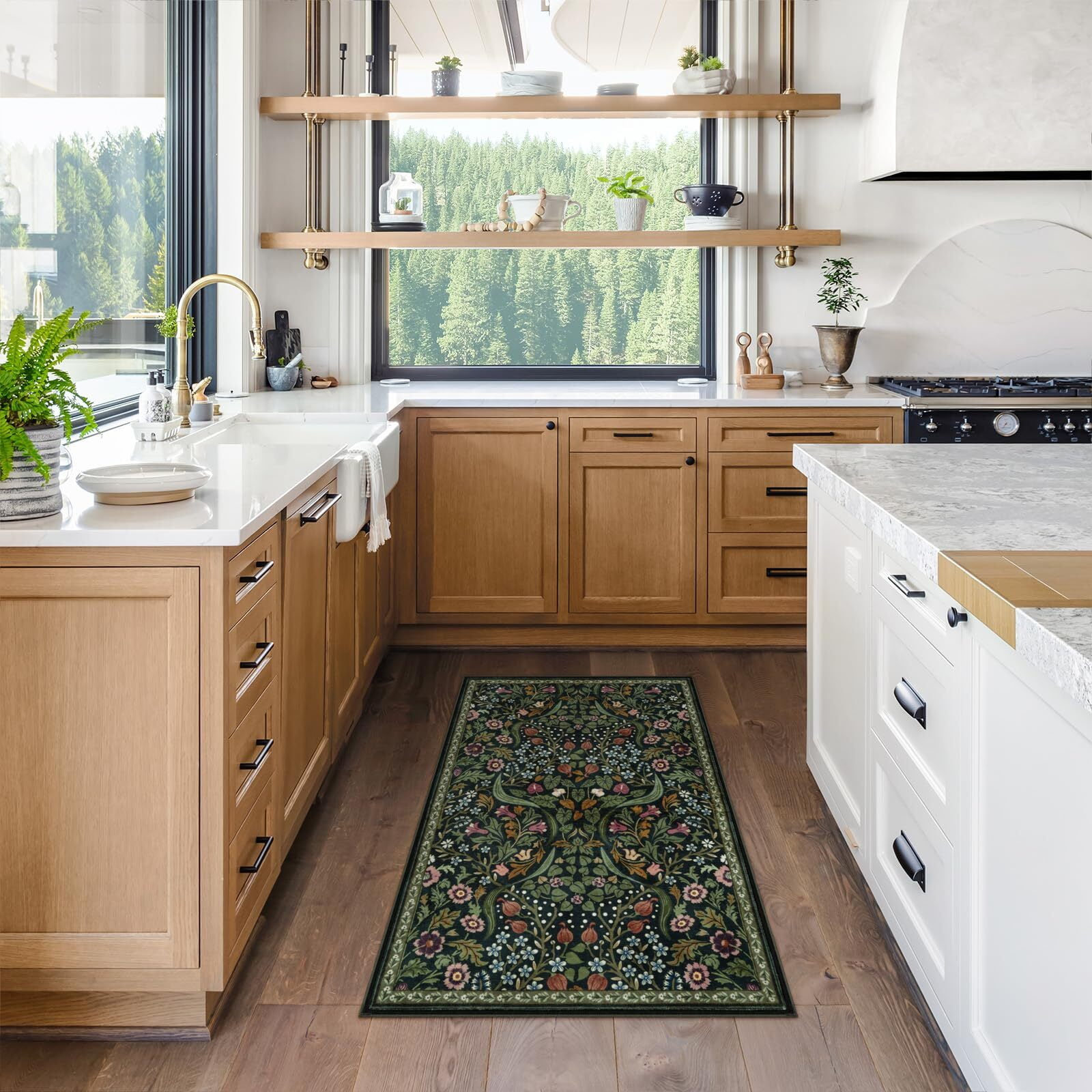Lahome Floral Kitchen Rug, 2'x3' Washable Rugs Green Non Slip Boho Bathroom Rug, Soft Small Area Rug Indoor Door Mat, Ultra Thin Botanical Throw Rugs for Entryway Bedroom, Green
