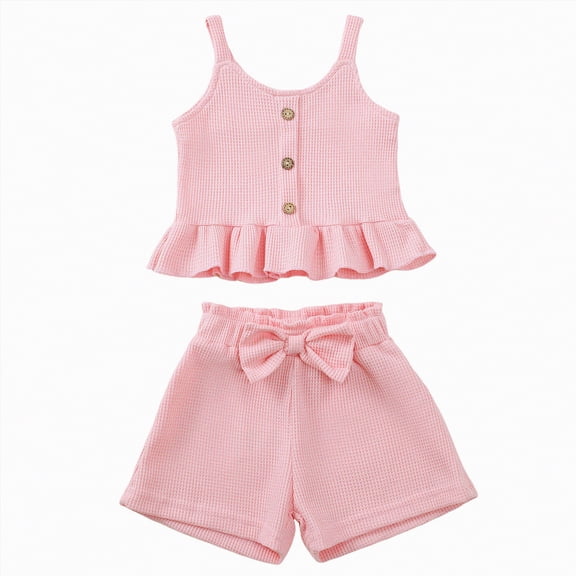 TAmten Toddler Baby Girl T Shirt Shorts Set Waffle Bow Sleeveless Slip Ruffle Tops Matching Outfit Spring Summer Clothes(Pink,18-24 Months)
