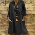 thumbnail image 2 of Ichuanyi Woman Dress Fashion Women Loose V-Neck Solid 3/4 Sleeve Cotton And Linen Dress, 2 of 8