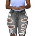 thumbnail image 1 of Pantalones cortos de mezclilla destruidos de mujer, de tiro medio, elásticos, estilo bermuda, gris oscuro, talla mediana., 1 of 5
