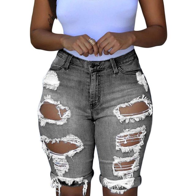 Pantalones cortos de mezclilla destruidos de mujer, de tiro medio, elásticos, estilo bermuda, gris oscuro, talla mediana.