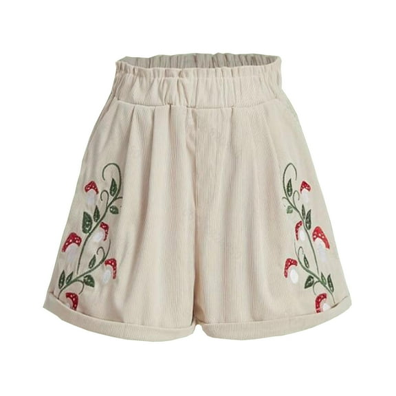 Hvot&aat Women's Comfy Plants Embroidery Shorts Fashionable Stretchy Elastic Waist Shorts Casual Wide Leg Shorts