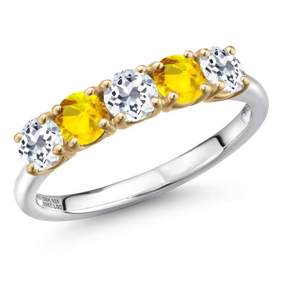 Gem Stone King 925 Silver and 10K Yellow Gold White Topaz and Yellow Sapphire Wedding-Bands Ring for Women | 1.71 Cttw | Round 4MM | Gemstone November Birthstone | Size 5