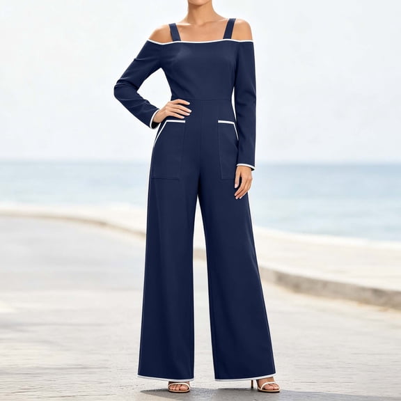 BRGZLK Off Shoulder Jumpsuit for Women Casual Trendy Colorblock Long Sleeve One Piece Overalls Lightweight Comfort Wide Leg Rompers with Pockets Clubwear Party Dressy Jumpsuits Navy L