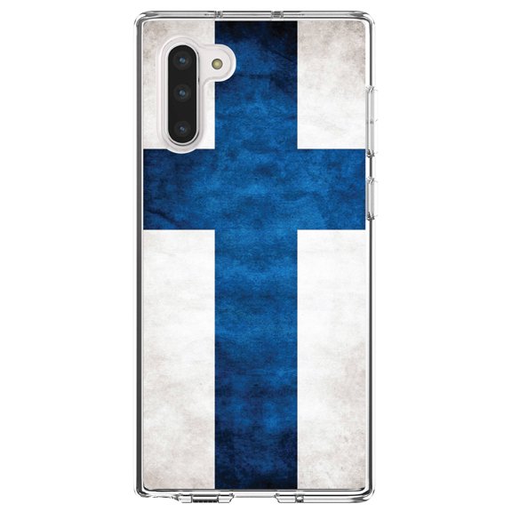 DistinctInk Clear Shockproof Hybrid Case for Samsung Galaxy Note 10 (6.3" Screen) - TPU Bumper, Acrylic Back, Tempered Glass Screen Protector - Finland Old Flag - Finland