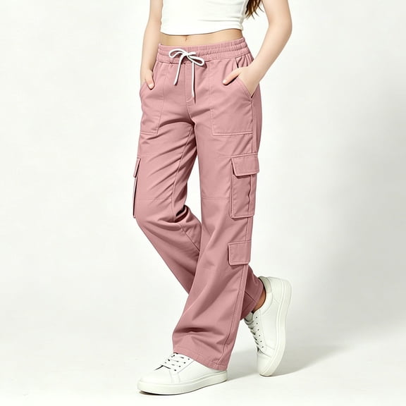 Cargo Pants for Girls Wide Leg High Waist Parachute Pants with Pockets & Drawstrings (Pink 7-8 Years)