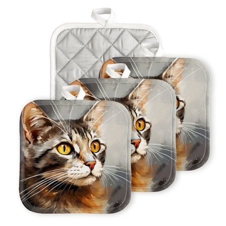 Bahomeck Pot Holder 4Pcs,Cute Cat Against Grey Background Square Heat Resistant Hot Pads For Kitchen Cooking Oven With Hanging Loop Potholder Easy To Store