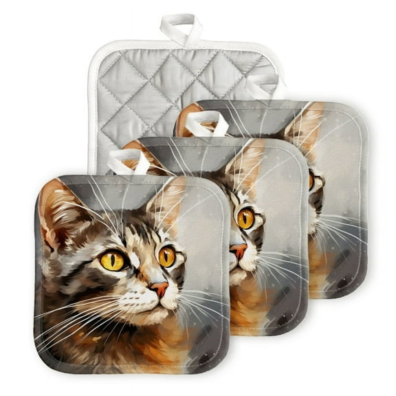 Bahomeck Pot Holder 4Pcs,Cute Cat Against Grey Background Square Heat Resistant Hot Pads For Kitchen Cooking Oven With Hanging Loop Potholder Easy To Store