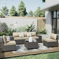 thumbnail image 2 of Kullavik Patio Furniture Set Sofa 6-Piece Wicker PE Rattan Sectional Sofa Set, Outdoor Furniture Patio Conversation Sofa Set with Glass Coffee Table, Sand, 2 of 6