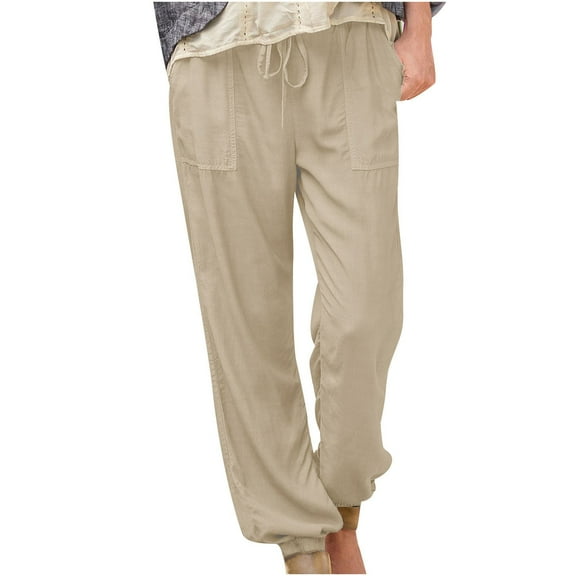 Women's Cargo Pants with Pockets Loose Drawstring Elastic Waist Solid Color Linen Sports Lounge Long Pants Trousers