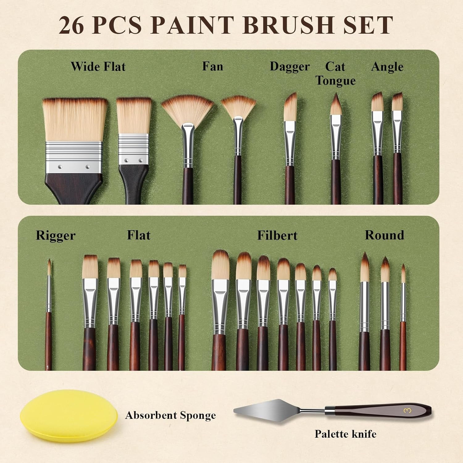 26pcs Paint Brush Set, Travel Watercolor Acrylic Paint Brushes with Flat, Filbert, Fan, Dagger, Cat Tongue, Round, Knife, Professional Paintbrush Kit for Artist, Oil, Face Painting